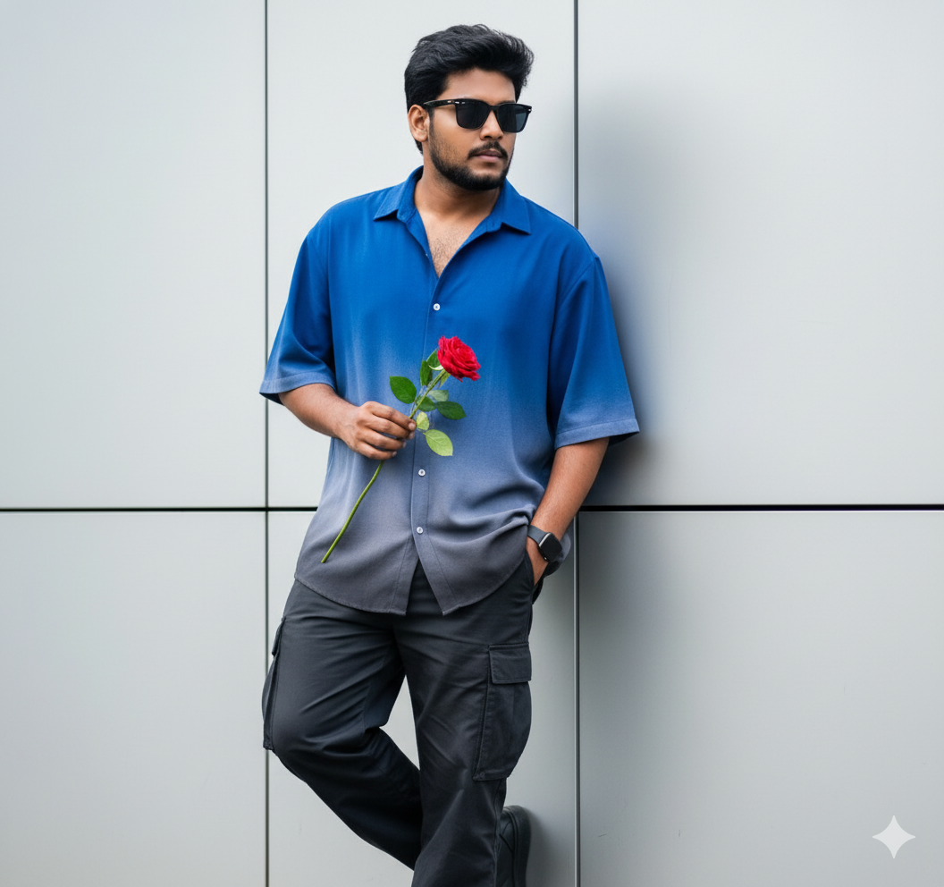 Blue–Gray Ombre Street Look (Rose In Hand) Dual Color Shirt AI Image Prompts For Boys Blue–Gray Ombre Street Look (Rose In Hand) Dual Color Shirt AI Image Prompts For Boys