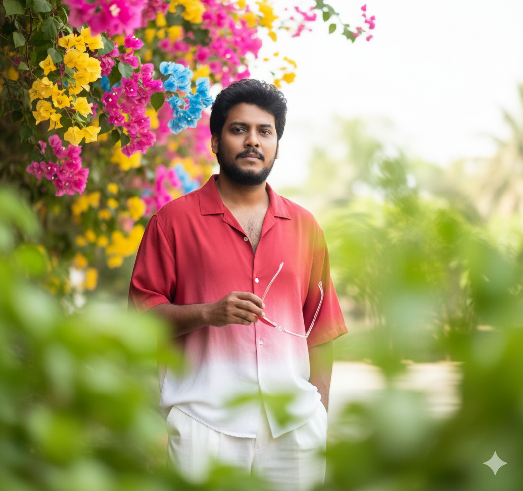 Bougainvillea Gaze (Red–White Gradient Shirt + Sunglasses In Hand) For Google Gemini AI Bougainvillea Gaze (Red–White Gradient Shirt + Sunglasses In Hand) For Google Gemini AI