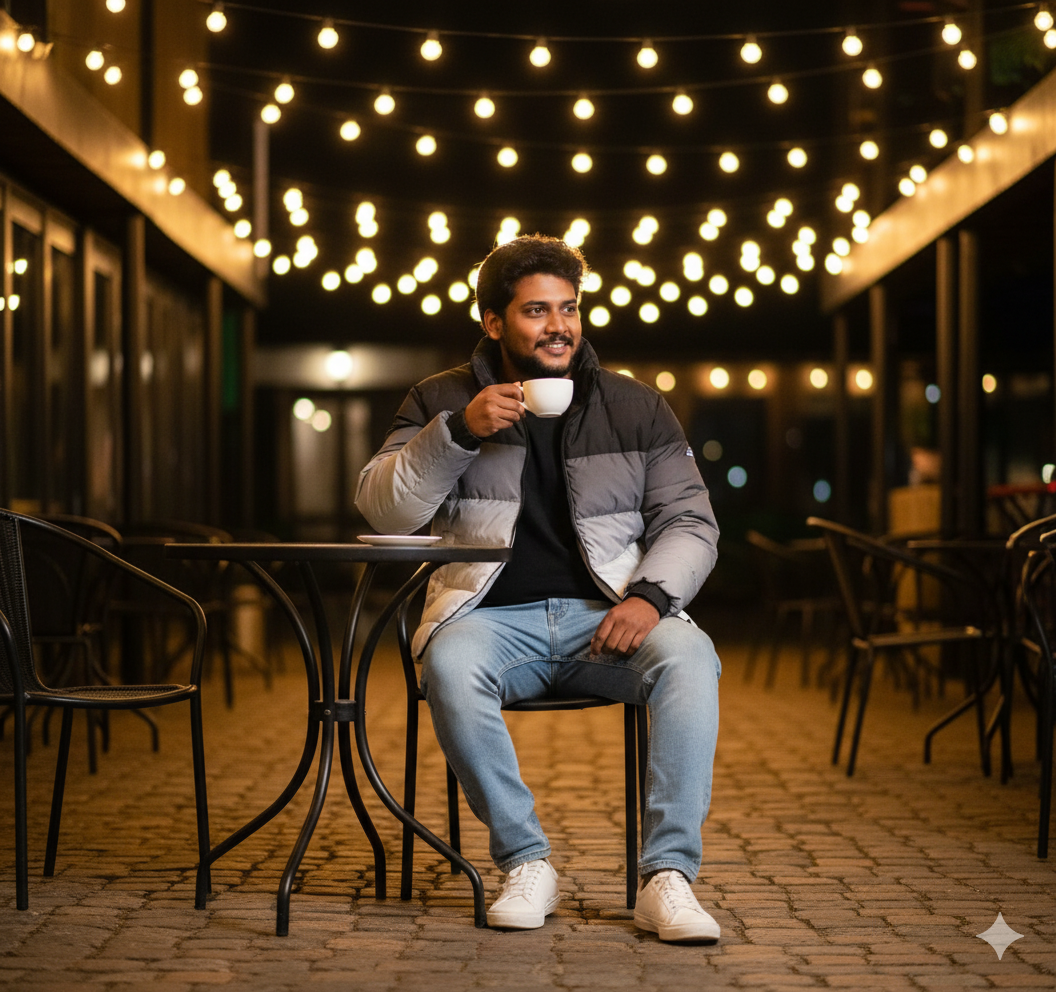 Cafe Night Charm (Black–White Puffer Jacket) Dual Color Shirt AI Image Prompts Cafe Night Charm (Black–White Puffer Jacket) Dual Color Shirt AI Image Prompts