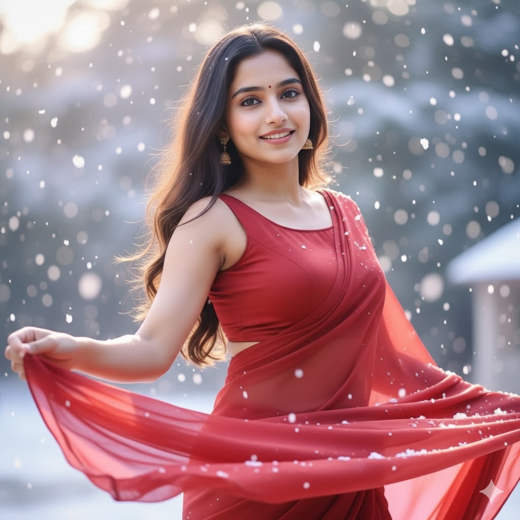 Snowfall Symphony In Red AI Prompts For Indian Festive Looks Snowfall Symphony In Red AI Prompts For Indian Festive Looks