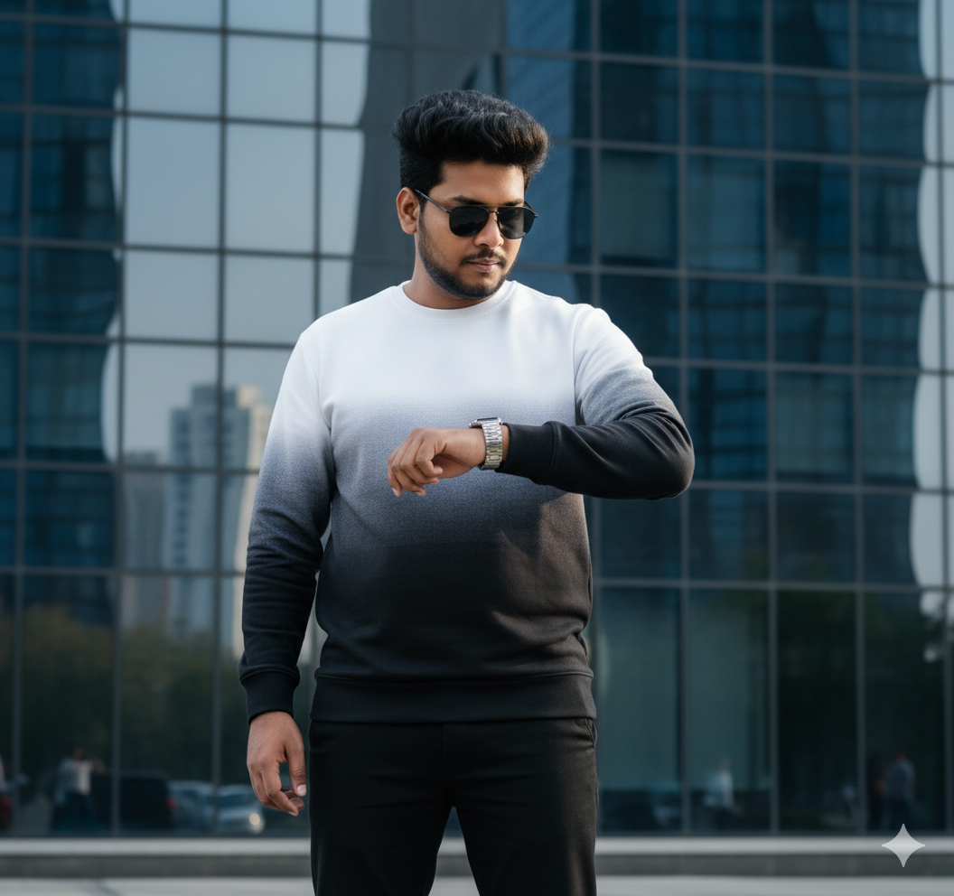 Urban Confidence Portrait (White–Black Gradient Sweatshirt) Dual Color Shirt AI Image Prompts Urban Confidence Portrait (White–Black Gradient Sweatshirt) Dual Color Shirt AI Image Prompts
