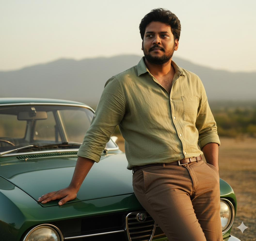 Vintage Drive Cinematic Portrait with Classic Alfa Romeo