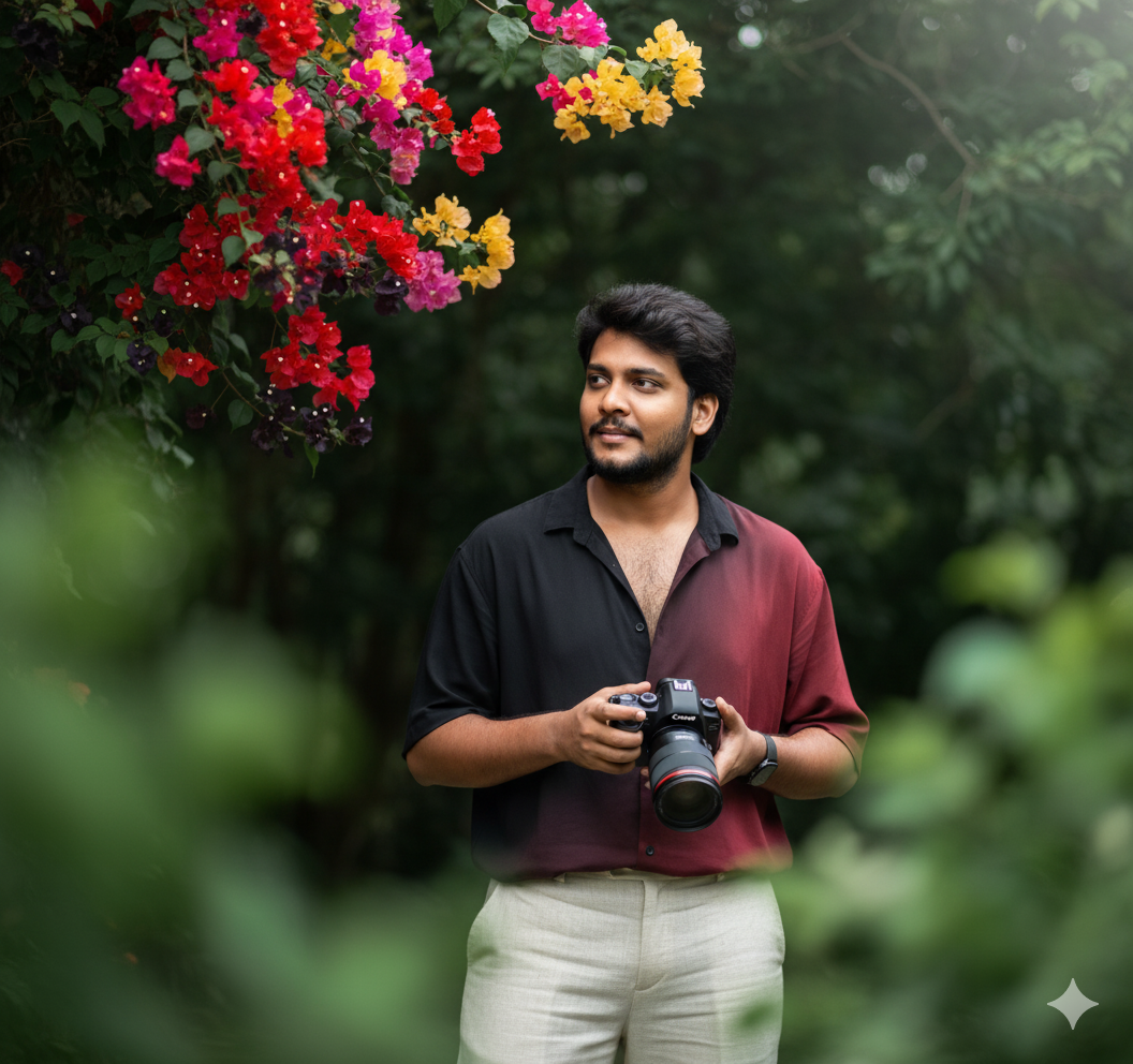 Cinematic Dark Green Portrait With Bougainvillea Frame