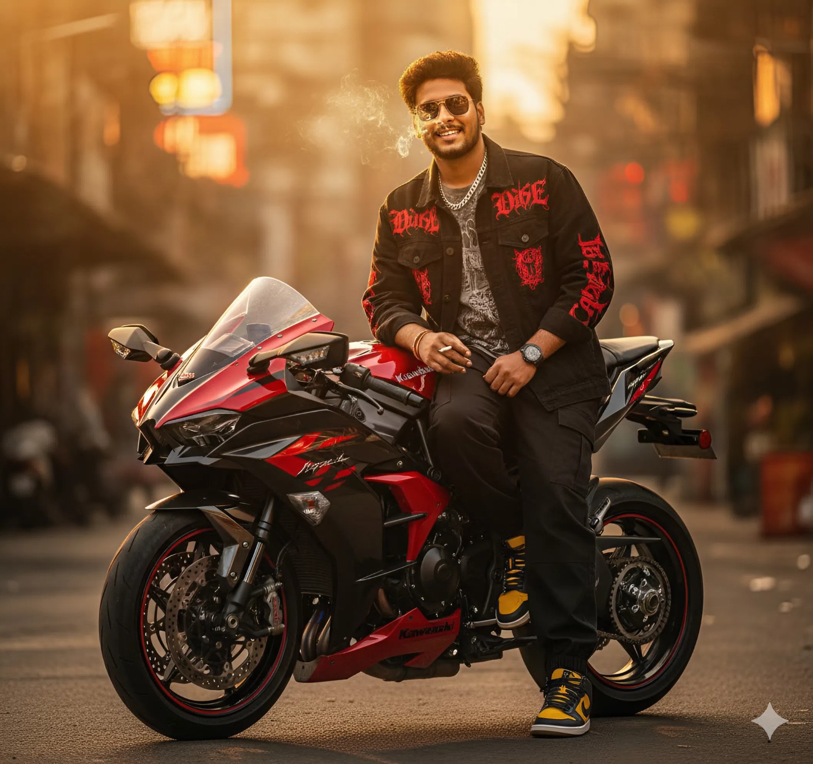 Ultra Realistic AI Portrait Prompt Of A Stylish Young Rider With Ninja H2R